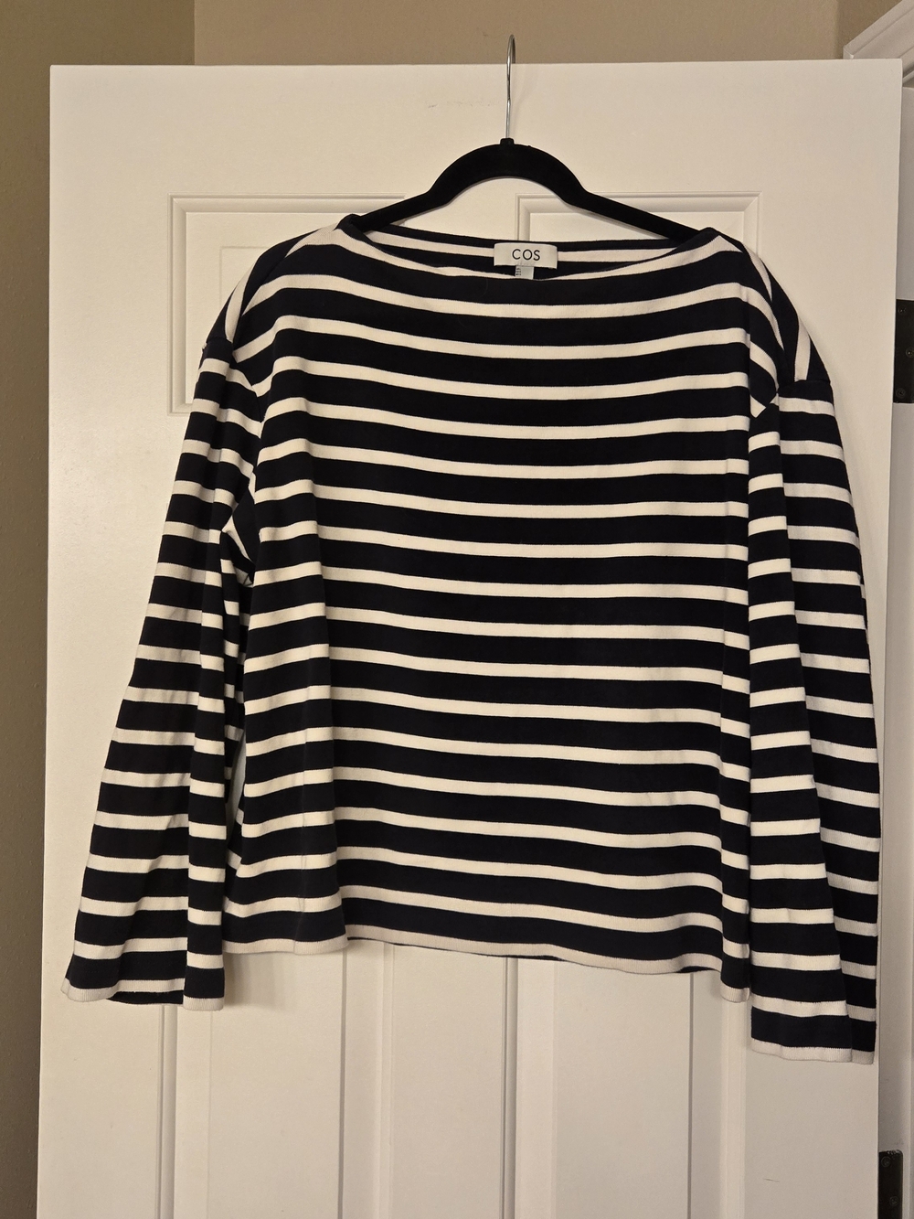 COS Navy and White Striped Boatneck Long-Sleeve Top